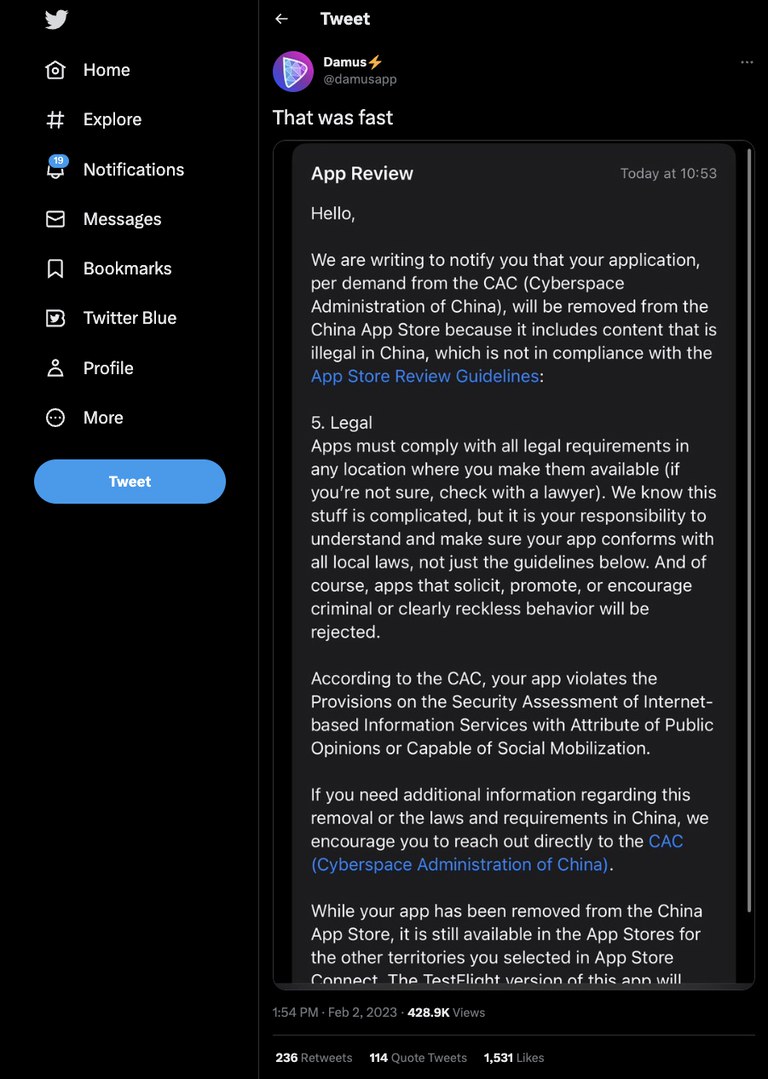 Apple takes down anonymous social media app Damus from China App Store